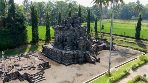 Partly restored ancient Ngawen temple in Muntilan Indonesia, aerial view photo