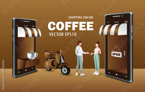 Food and beverage sale templates via smartphone application,vector concept design,coffee advertising on smartphone