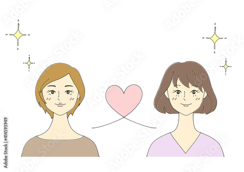 Illustration of a lesbian couple (white background, vector, cut out)