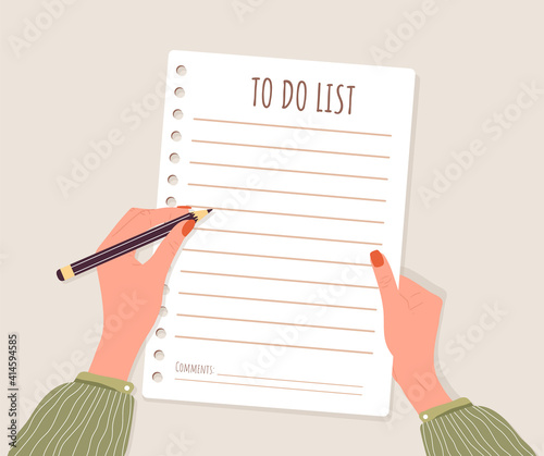 To do list concept. Woman planning day or week. Business task scheduling, work process organization and achievements of goals. Vector illustration in flat cartoon style.