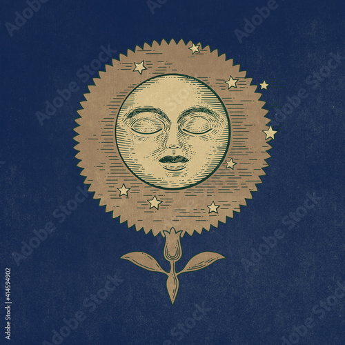 Moon with facial expression within a decorative bloom. Full-colored, etching hand-drawn illustration. Eyes closed expression at night. Ready to use high-resolution illustration. Modern vintage style.