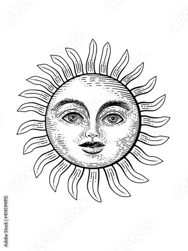 Sun with facial expression. Engraved, etching hand-drawn illustration. Smiley face expression at daytime. Ready to use high-resolution illustration. Modern vintage style.
