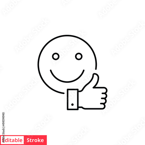 Smiley face and hand thumb up line icon. Like, happy, favourite, love, and testimonials concept. Simple outline style. Vector illustration isolated on white background. Editable stroke EPS 10. 