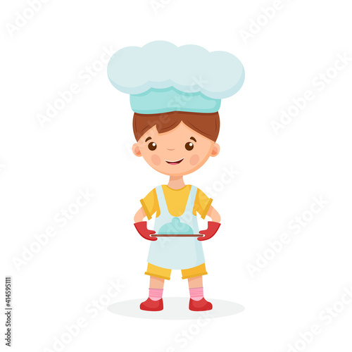 Cute Boy Chef, baker Cartoon. Vector Icon Illustration. People, Food Icon Concept, Isolated vector. Flat Cartoon Style