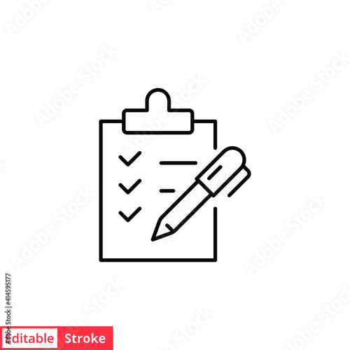 Clipboard checklist with pen line icon. Testimonials and customer relationship management concept. Simple outline style. Vector illustration isolated on white background. Editable stroke EPS 10. 