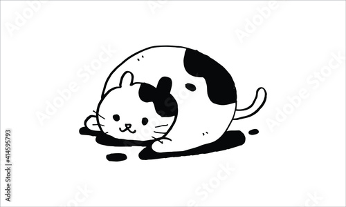 cute lazy cat with a big body fat sleepy lying on the ground. animated cartoon illustration of funny animal. doodle drawing style of kitty design vector.