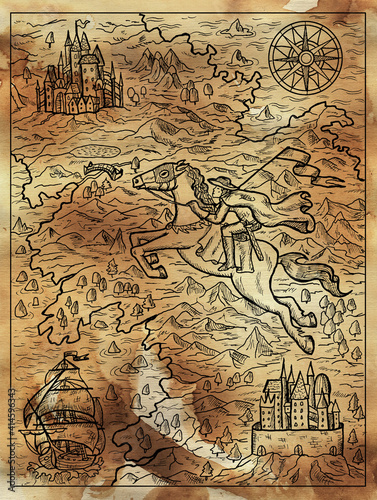 Textured marine illustration of old map with rider, compass, sailboat and fantasy land with islands.