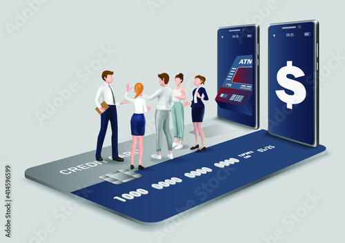 People standing in front of the ATM and talking about business for convey a financial transaction through an application on a smartphone,vector business concept design