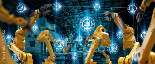 heavy automation robot arm machine in smart factory industrial,Industry 4.0 concept banner image. 