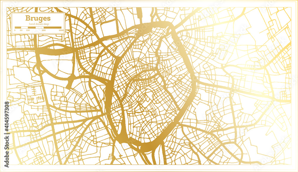 Fototapeta premium Bruges Belgium City Map in Retro Style in Golden Color. Outline Map.