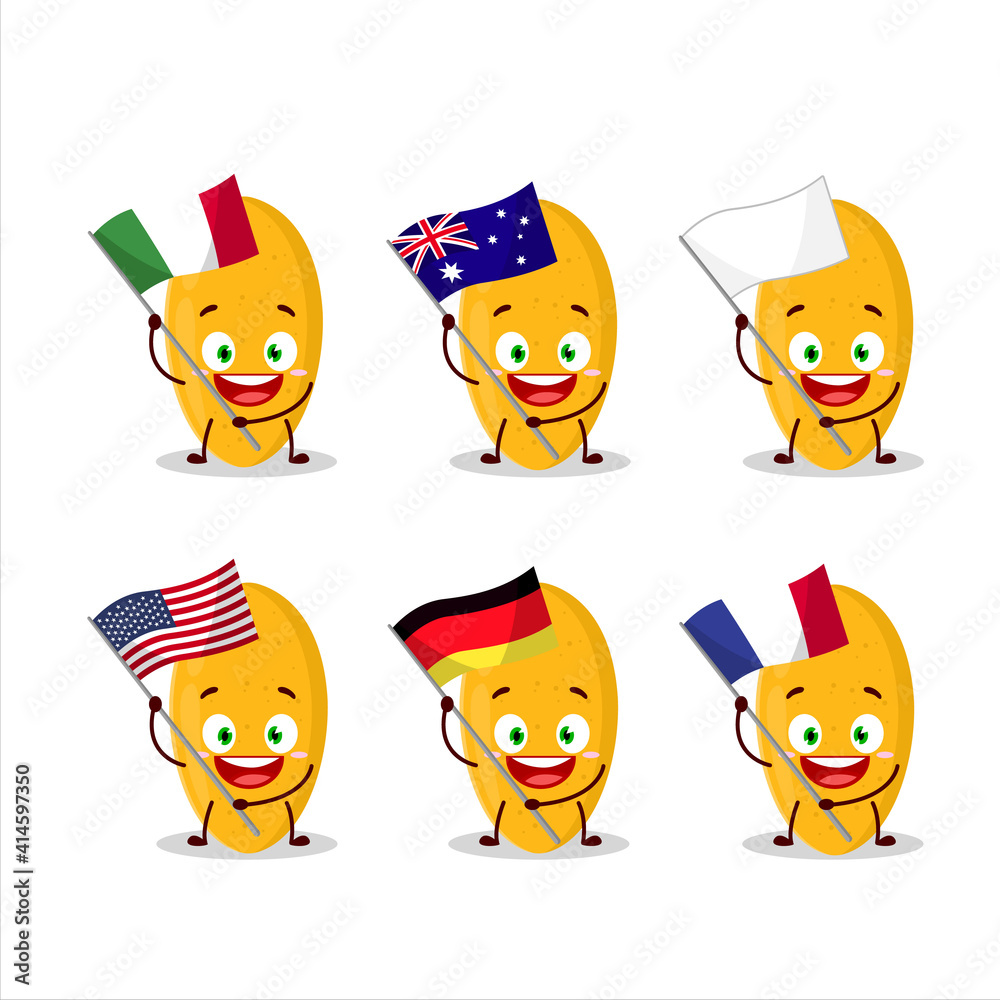 Curuba fruit cartoon character bring the flags of various countries Curuba fruit cartoon character bring the flags of various countries
