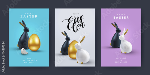 Easter Set of greeting cards, holiday covers, posters, flyers design in 3d realistic style with golden egg and black and white rabbit. Modern minimal design for social media, sale, advertisement, web