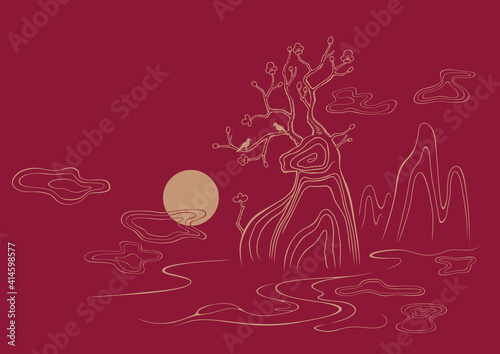 Abstract illustration concept of ox mountain. Symbolizing strength, hard work, and resilience. Oriental and landscape-inspired art.