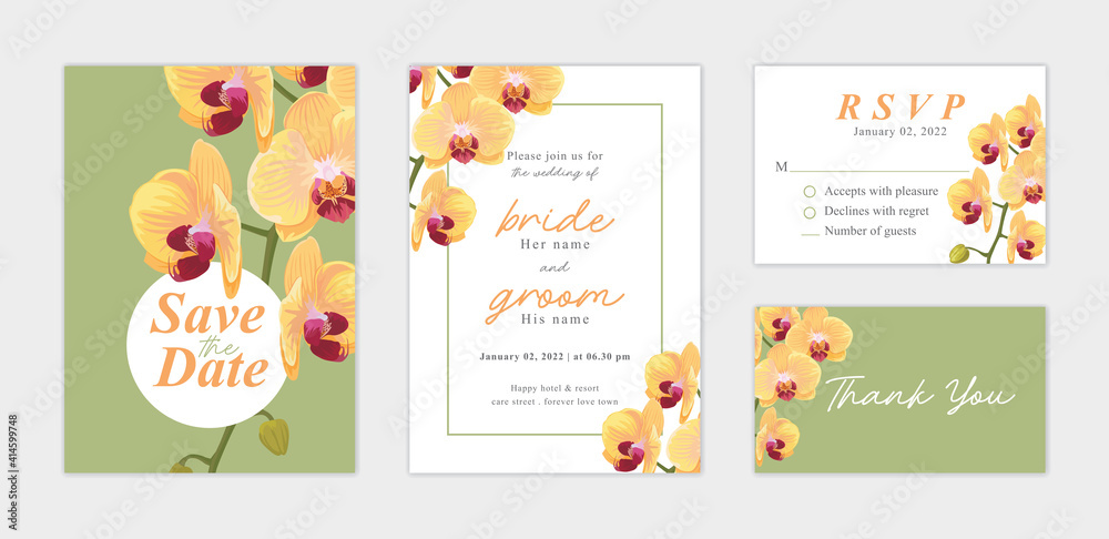 Beautiful Orchid flower background template. Vector set of floral element for wedding invitations, greeting card, envelope, voucher, brochures and banners design.