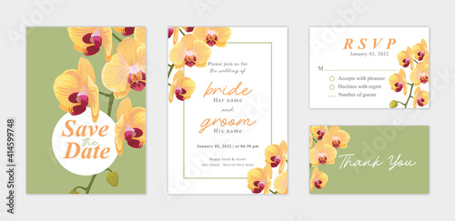 Beautiful Orchid flower background template. Vector set of floral element for wedding invitations, greeting card, envelope, voucher, brochures and banners design.