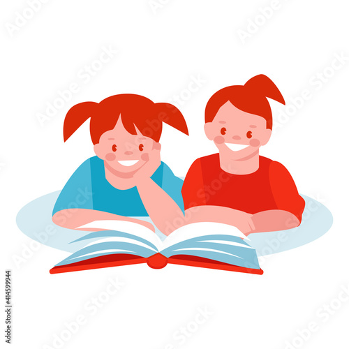 Two little girls are reading a book on the floor. Vector illustration in flat style. Isolated on a white background.
