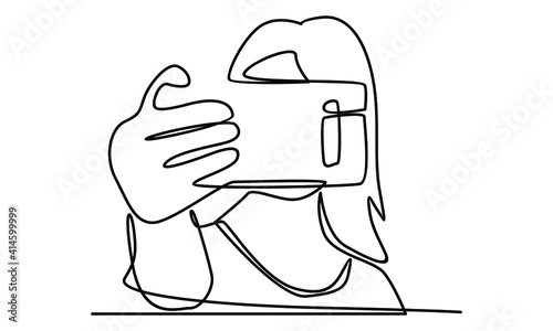 Continue line of woman take a selfie with camera phone