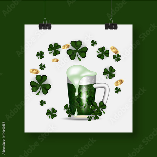 Saint Patrick's Day, Vector illustration brochure, holiday invitation, corporate celebration. shamrock, pot with gold coins, horseshoe, green ale on black background. Vector illustration.