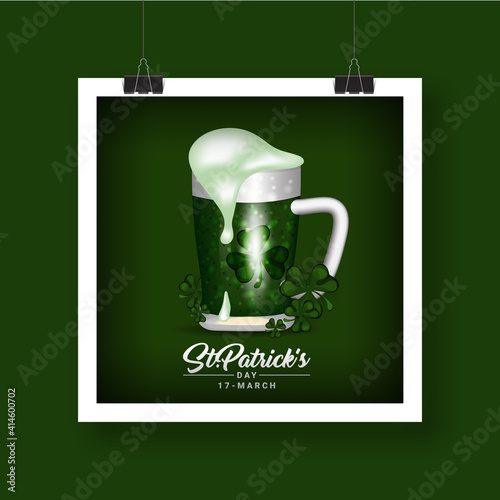 Saint Patrick's Day, Vector illustration brochure, holiday invitation, corporate celebration. shamrock, pot with gold coins, horseshoe, green ale on black background. Vector illustration.