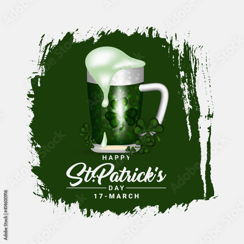 Saint Patrick's Day, Vector illustration brochure, holiday invitation, corporate celebration. shamrock, pot with gold coins, horseshoe, green ale on black background. Vector illustration.
