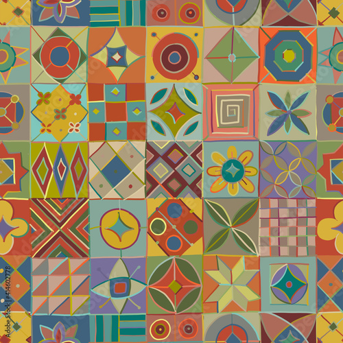 Talavera pattern. Indian patchwork. Turkish ornament. Moroccan tile mosaic. Spanish decoration. Ethnic background. Seamless pattern for your design