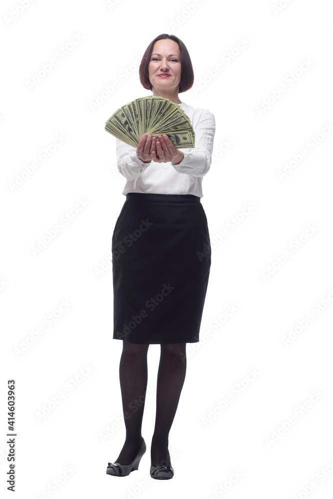 confident business woman showing a fan of banknotes. confident business woman showing a fan of banknotes.