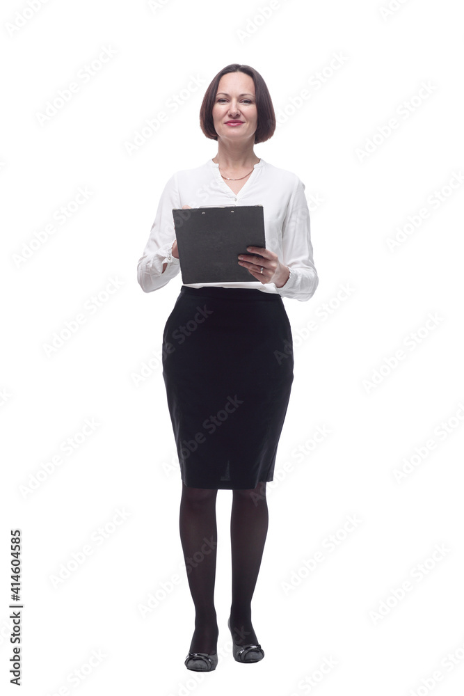Executive business woman making notes in the clipboard .