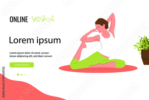 Web page template of Yoga classes online. The flat design concept of a web page. Woman practice yoga. Vector illustration, eps 10