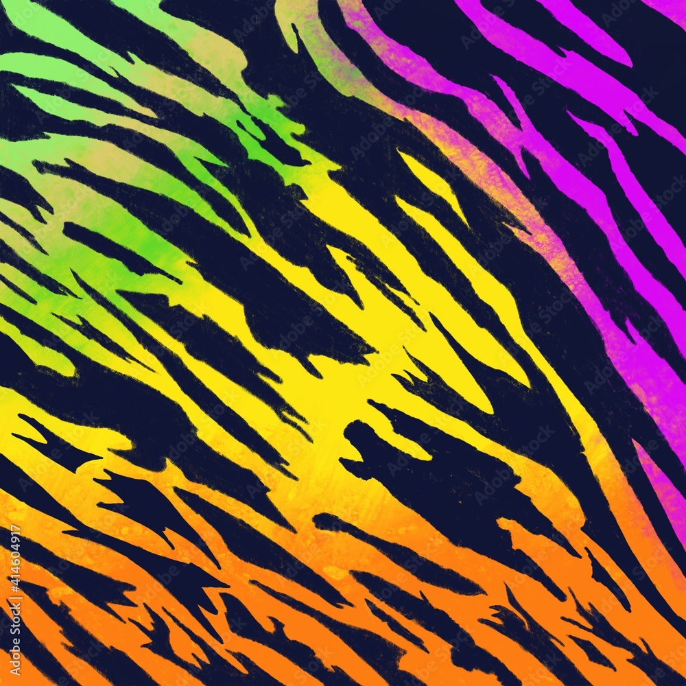 doodle,Zebra print, animal skin, tiger stripes, abstract pattern, rainbow  background, fabric. illustration, poster. Stock Illustration