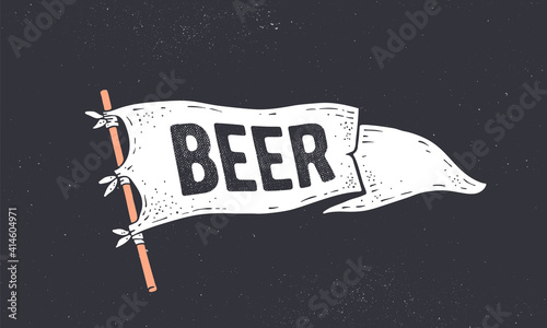 Beer. Flag grahpic. Old vintage trendy flag with text Beer for bar, pub, cafe. Old school vintage banner flag, retro style decoration for restaurant drink menu. Vector Illustration