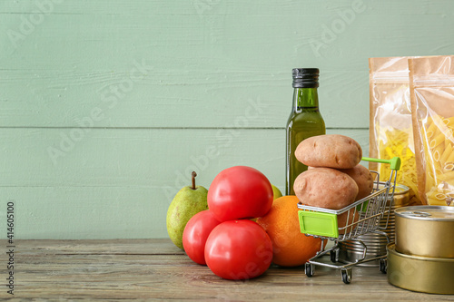 Different products on wooden background