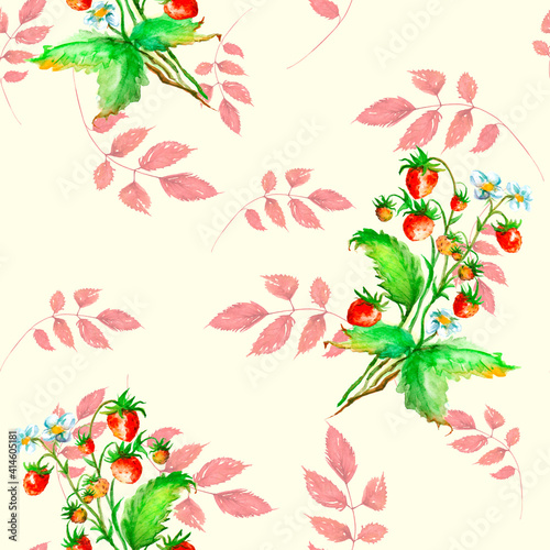 Watercolor seamless pattern  background.Illustration - Branch  red autumn leaves.Blooming bush with red strawberries and flowers.  Watercolor Fall Leaves Illustration.  Aspen leaf  rowan.Garden berry