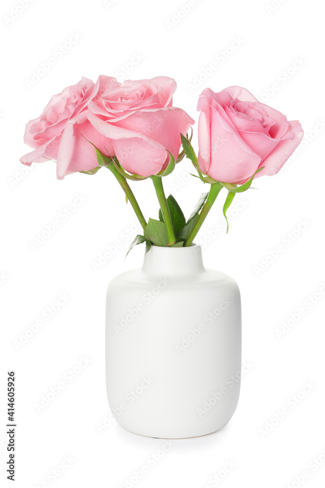 Beautiful pink roses in vase on white background Beautiful pink roses in vase on white background