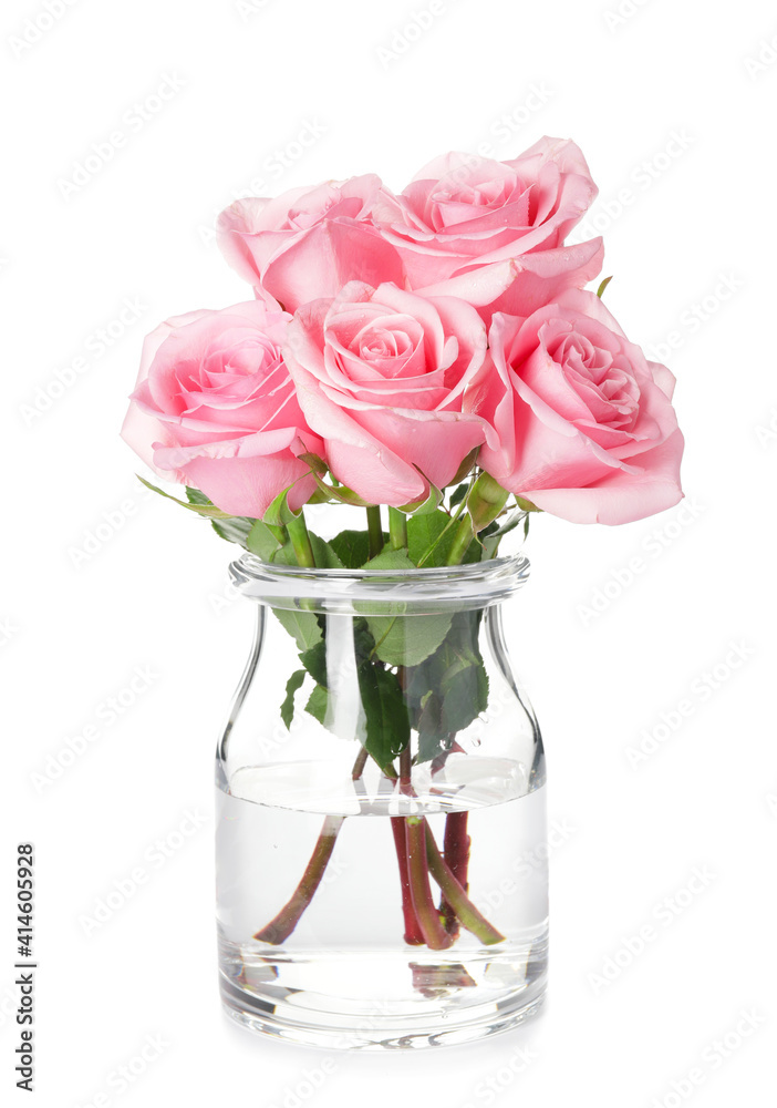Beautiful pink roses in vase on white background Beautiful pink roses in vase on white background