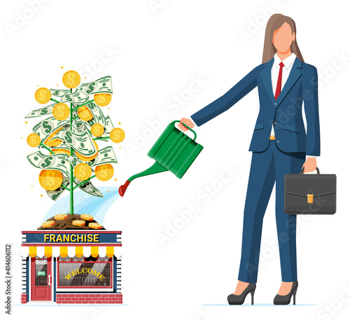 Successful franchise business with money tree. Franchising shop building or commercial property and people. Real estate business promotional, sme. Selling buying new business. Flat vector illustration