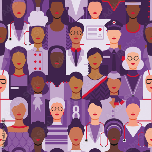International Women's Day. Women in leadership, empowerment, gender equality concepts. Seamless pattern. Crowd of women of diverse age, races and occupation. Vector illustration background.