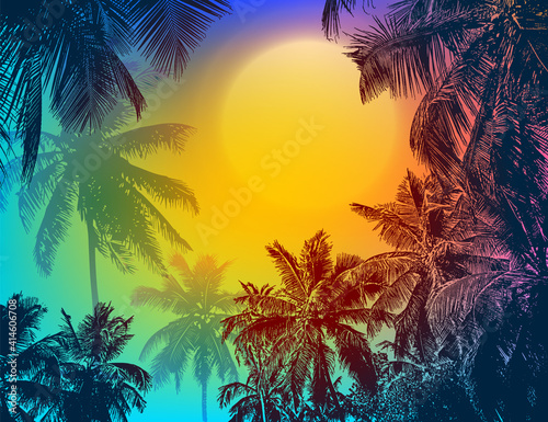 Tropical frame of coconut palm trees. Jungle banner