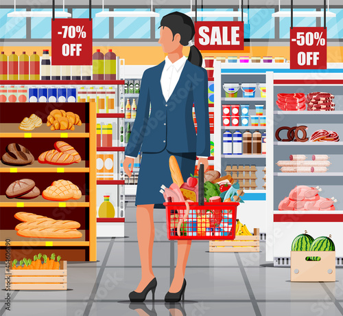 Supermarket store interior with goods. Big shopping mall. Interior store inside. Woman customer with basket, grocery, drinks, food, fruits, dairy products. Vector illustration in flat style