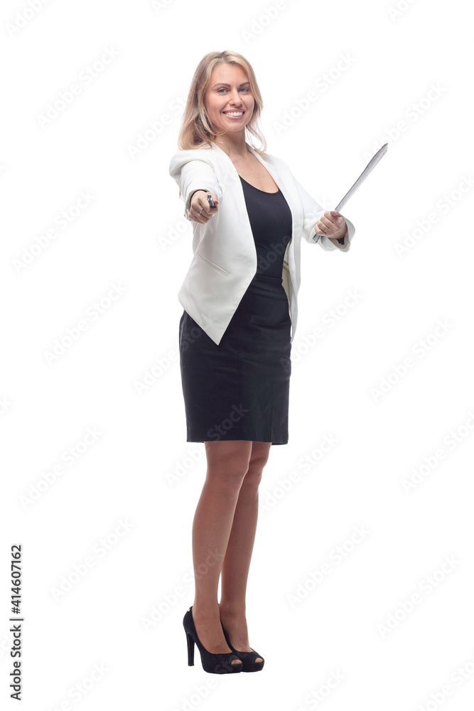 smiling business woman taking notes in the clipboard.