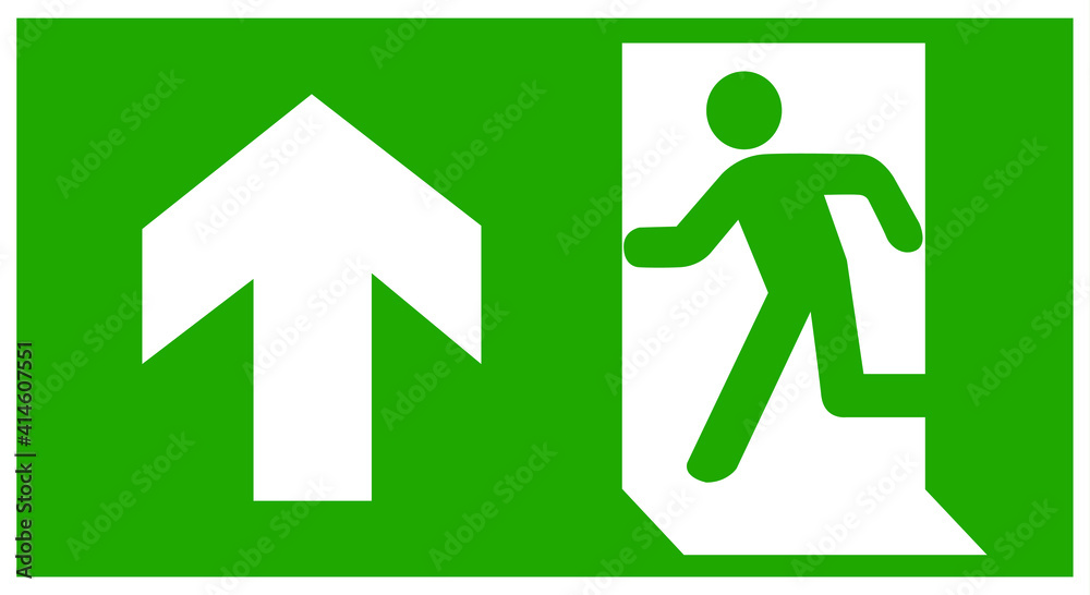 emergency fire exit sign with running man icon to door. green color. warning sign plate emergency fire exit sign with running man icon to door. green color. warning sign plate