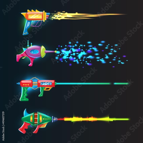 Vector cartoon style set of colorful glowing in dark neon blasters with glowing shoot rays.