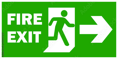 emergency fire exit sign with running man icon to door. green color. warning sign plate