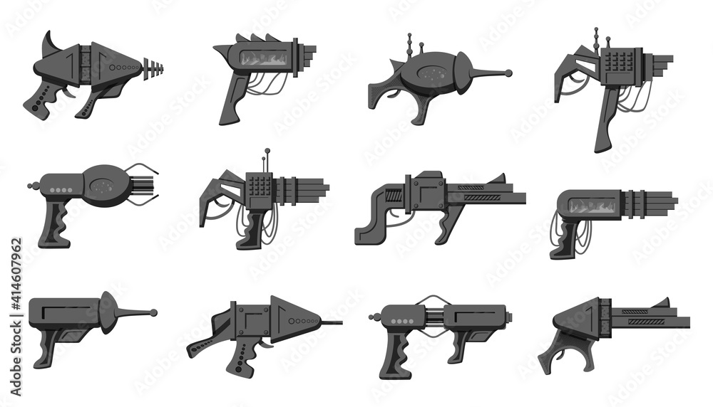 Collection of black and white silhouette vector cartoon style flat illustration of futuristic  blasters isolated on white background.