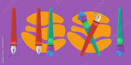 Brush and pen with feather on a colored background. Vector illustration in flat style