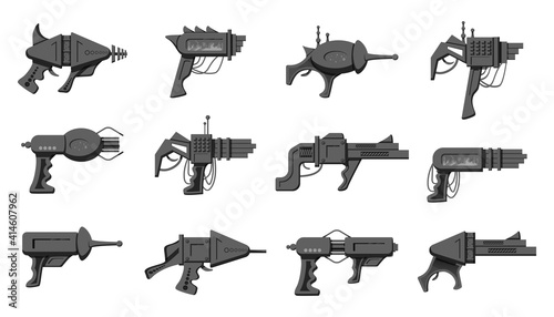Collection of black and white silhouette vector cartoon style flat illustration of futuristic  blasters isolated on white background.