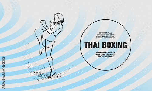 Muay Thai boxing fighter woman kick knee. Vector outline of Muay Thai boxing sport illustration.