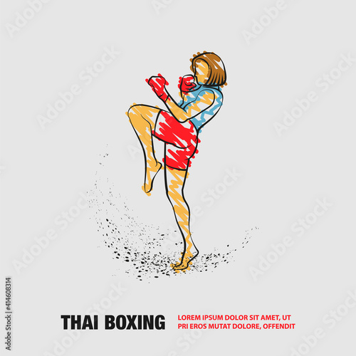 Muay Thai boxing fighter woman kick knee. Vector outline Muay Thai boxing with scribble doodles style drawing.