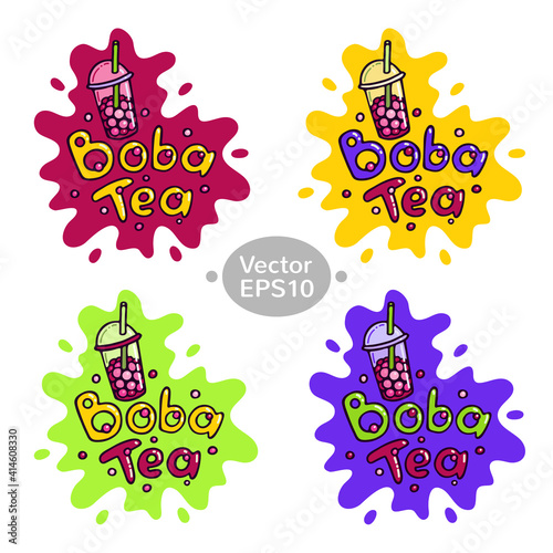 Bubble Tea Boba Tea Plastic Cup Vector Illustration Set. Doodle Cartoon style mascot. Bright Splash Color background for banners, stickers, postcards, logo