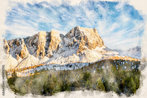 Landscape of early winter in the Dolomite mountains - waterpaint image