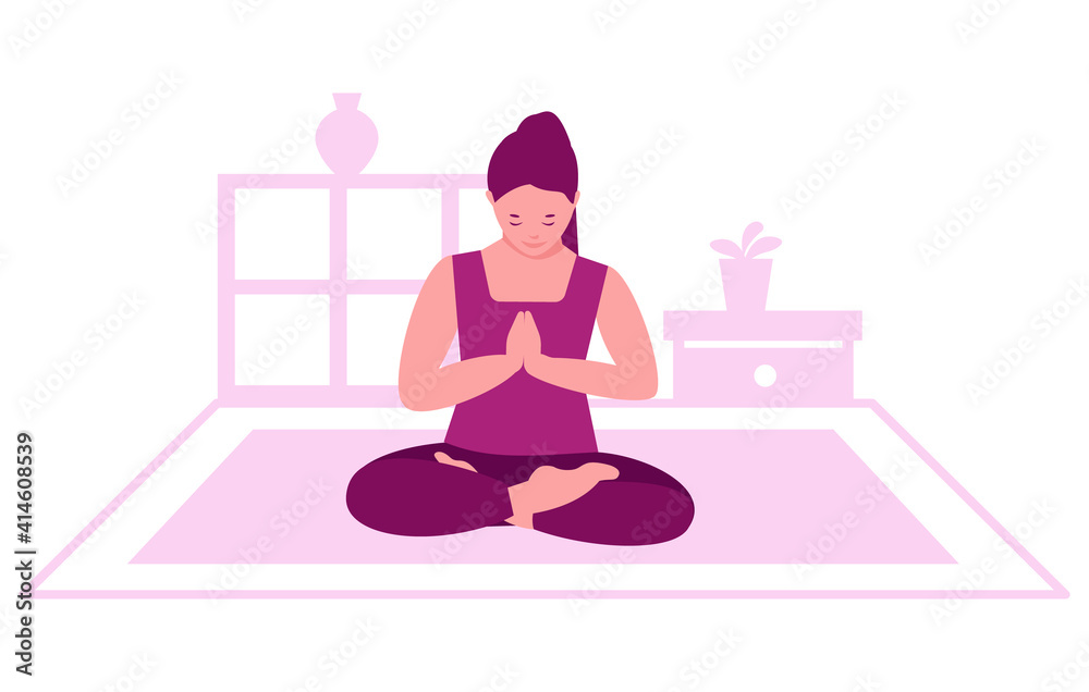 Woman practices yoga at home. Home interior. The concept of home fitness and healthy lifestyle. Vector illustration in flat cartoon style. Woman practices yoga at home. Home interior. The concept of home fitness and healthy lifestyle. Vector illustration in flat cartoon style.